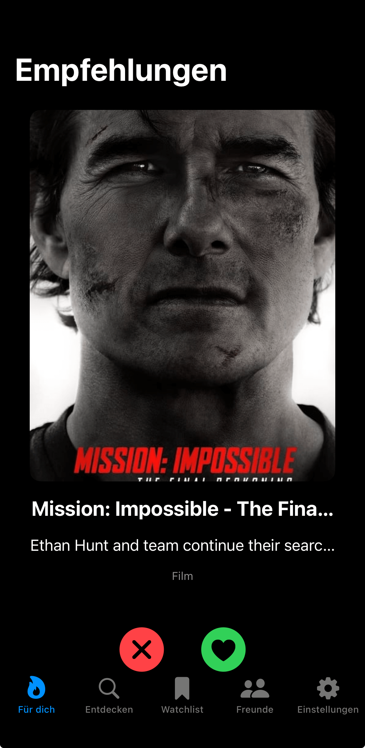 MatchFlix App – Swipe-Ansicht